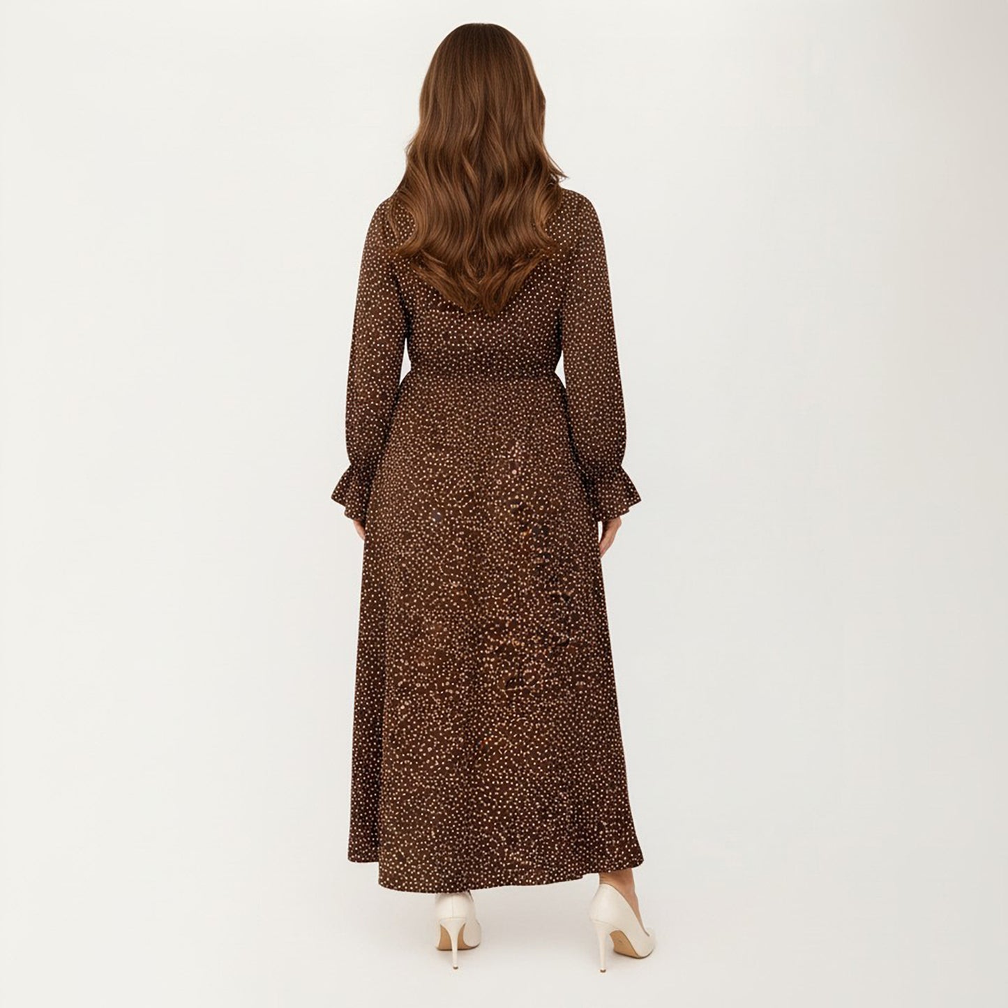Long Sleeve Midi Dress with Keyhole Neckline Elastic Waist and Flowy A Line Skirt