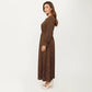 Long Sleeve Midi Dress with Keyhole Neckline Elastic Waist and Flowy A Line Skirt