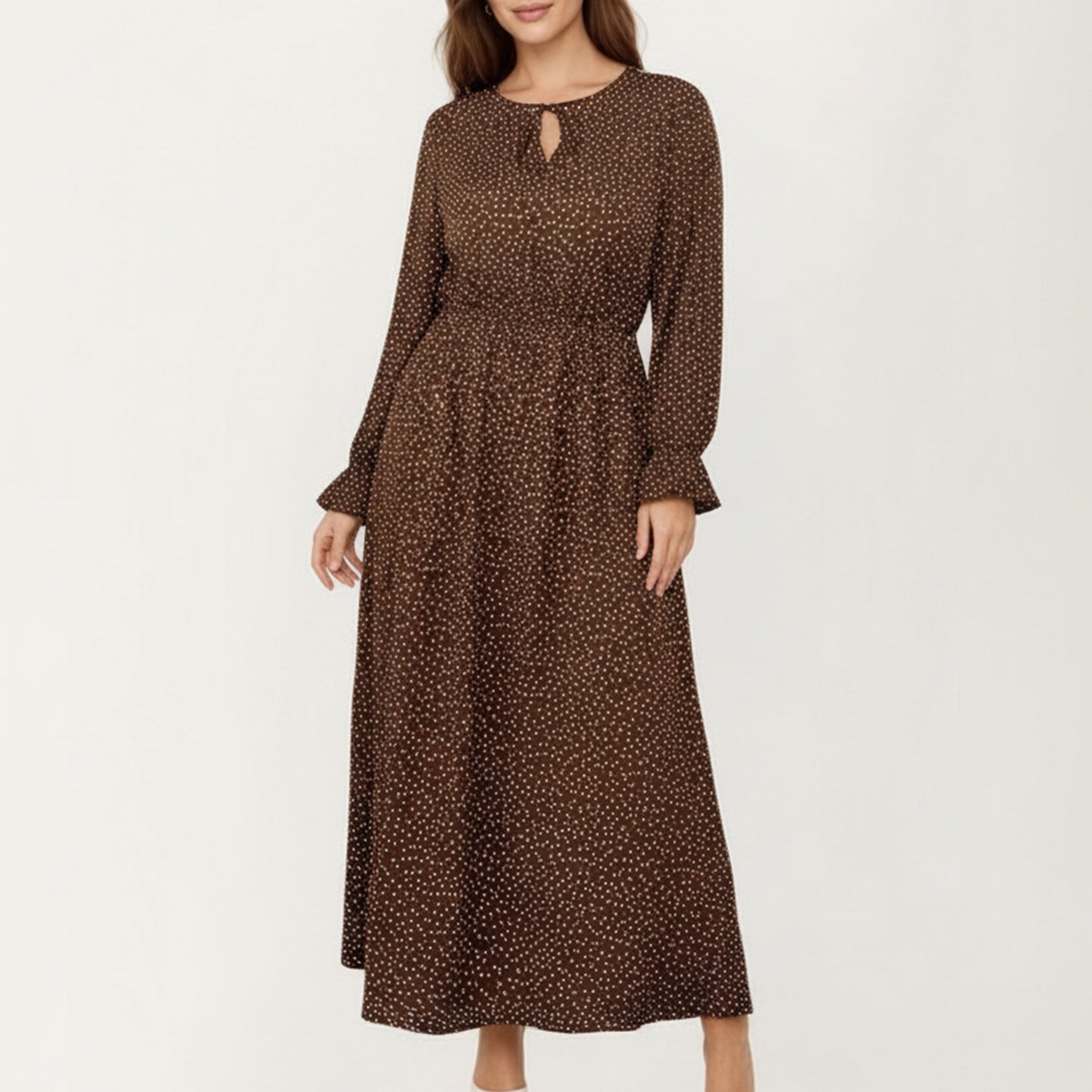 Long Sleeve Midi Dress with Keyhole Neckline Elastic Waist and Flowy A Line Skirt