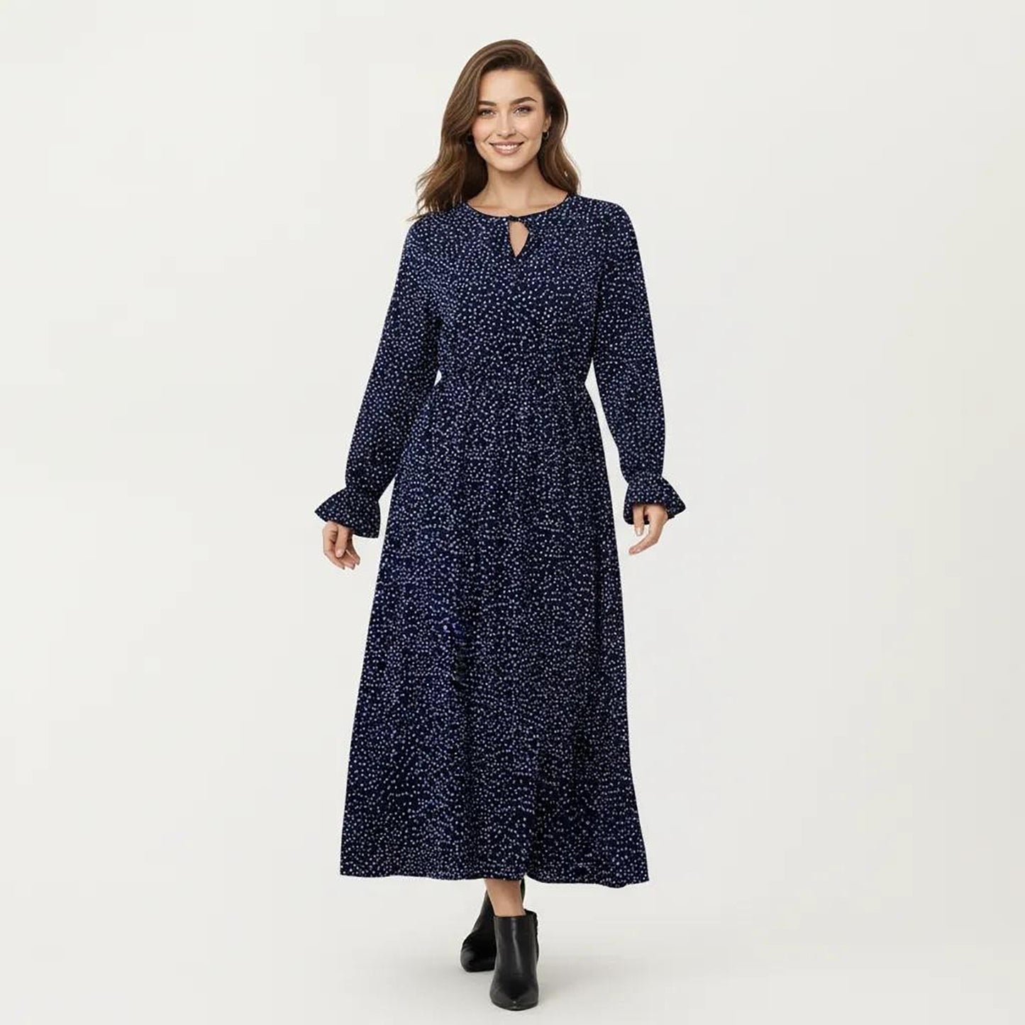 Long Sleeve Midi Dress with Keyhole Neckline Elastic Waist and Flowy A Line Skirt