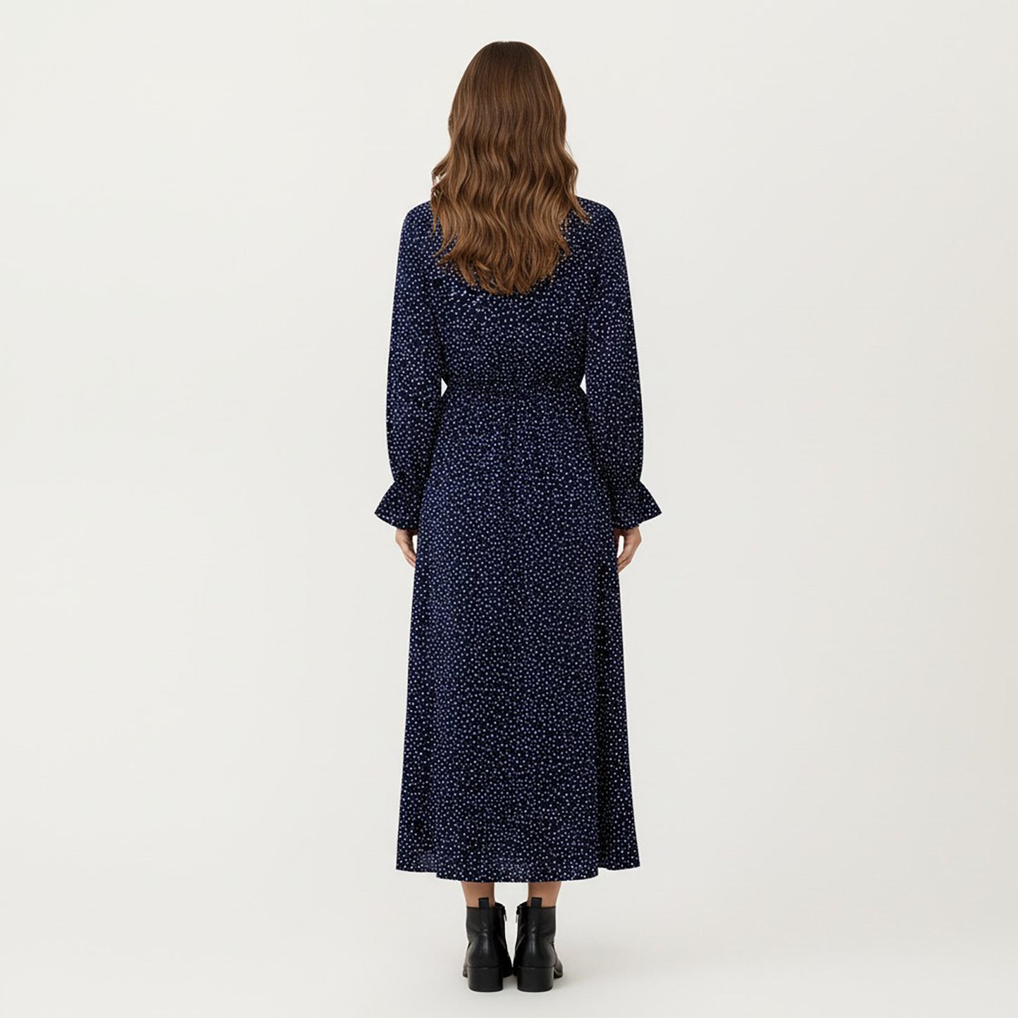 Long Sleeve Midi Dress with Keyhole Neckline Elastic Waist and Flowy A Line Skirt