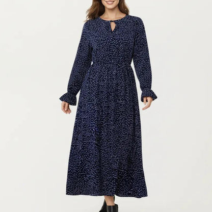 Long Sleeve Midi Dress with Keyhole Neckline Elastic Waist and Flowy A Line Skirt