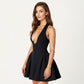 Halter Neck Mini Dress with Deep V Neckline and Flared Skirt Silhouette
