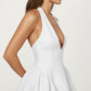 Halter Neck Mini Dress with Deep V Neckline and Flared Skirt Silhouette