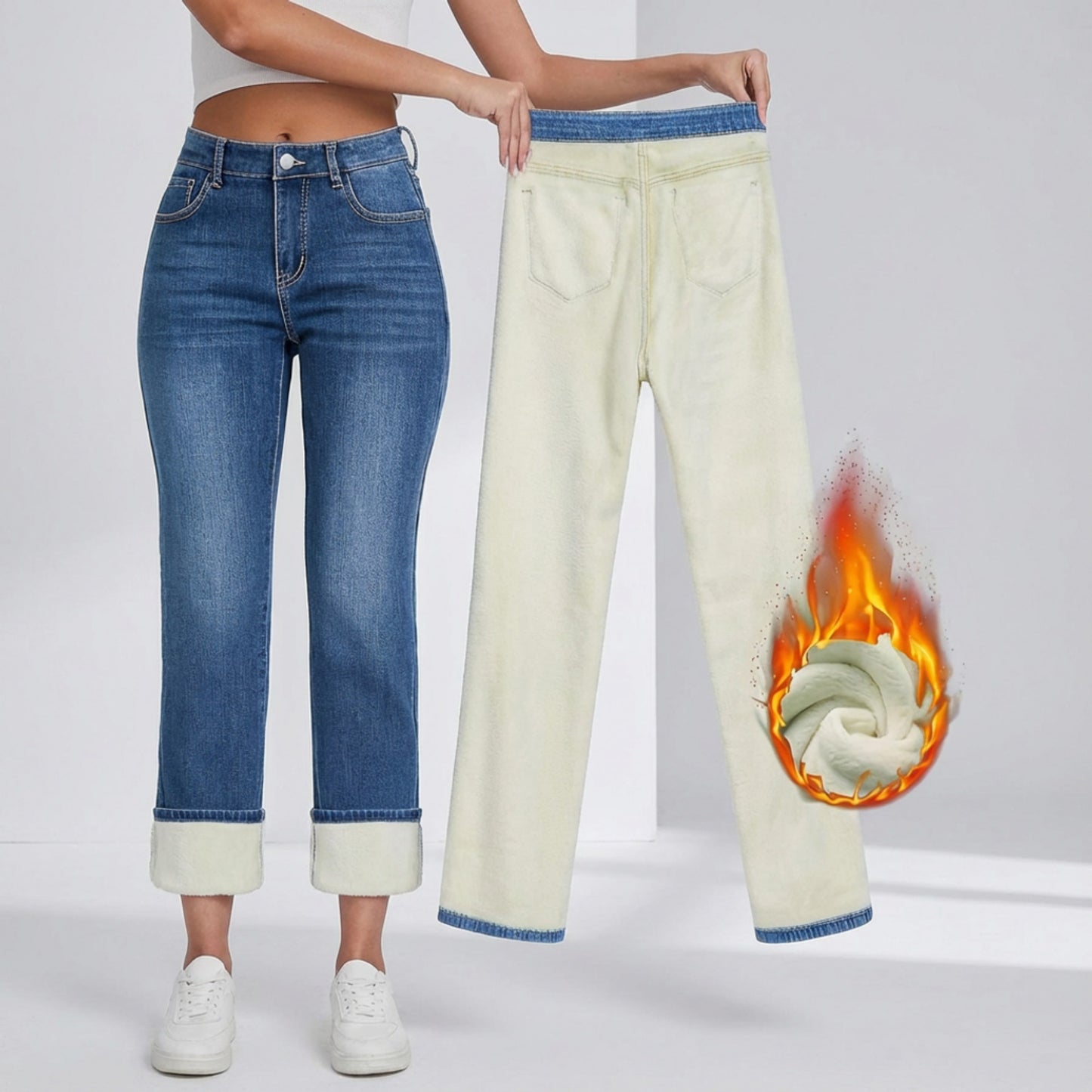 Straight Leg Fleece Lined Denim Jeans with Mid Rise Fit and Soft Interior