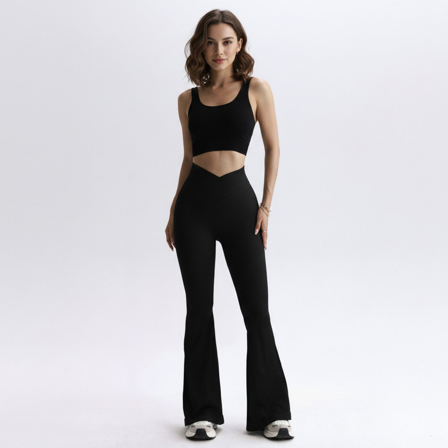 High Waist Flare Leggings with V-Shaped Waistband and Stretch Rib Knit Fabric