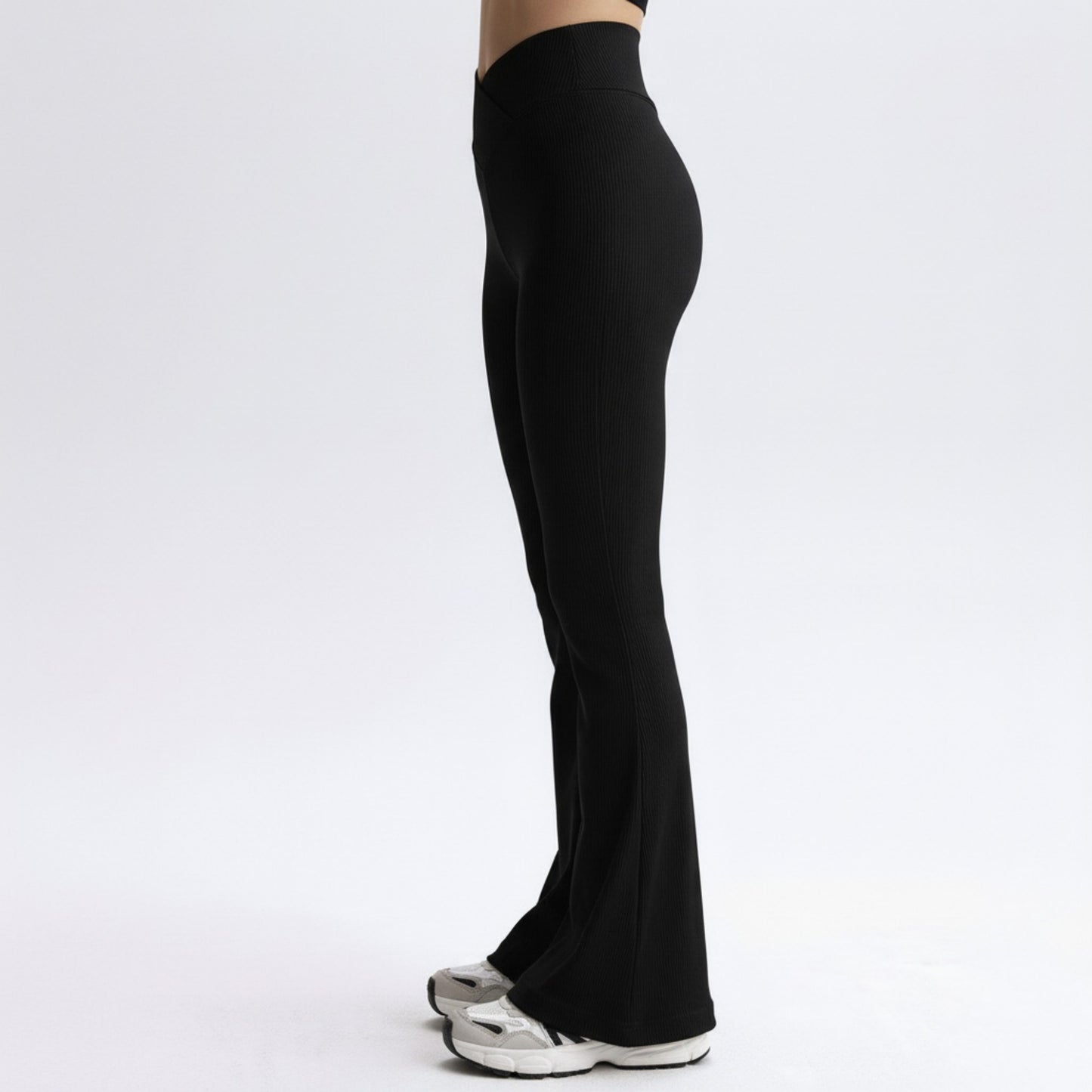 High Waist Flare Leggings with V-Shaped Waistband and Stretch Rib Knit Fabric