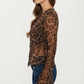 Leopard Print Sheer Tie Front Top with Long Sleeves and Soft Lightweight Mesh Fabric