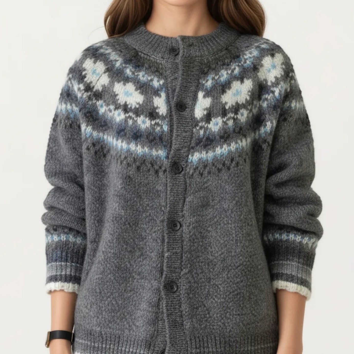 Button Front Knit Cardigan with Crew Neckline and Nordic Inspired Pattern Detail