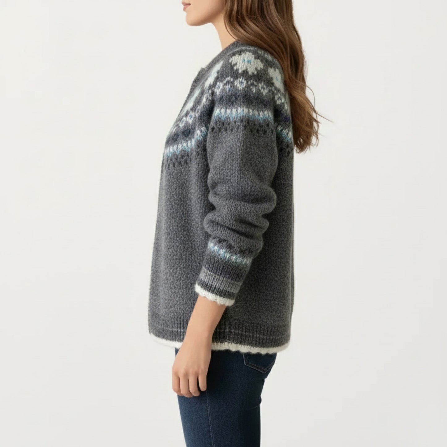 Button Front Knit Cardigan with Crew Neckline and Nordic Inspired Pattern Detail