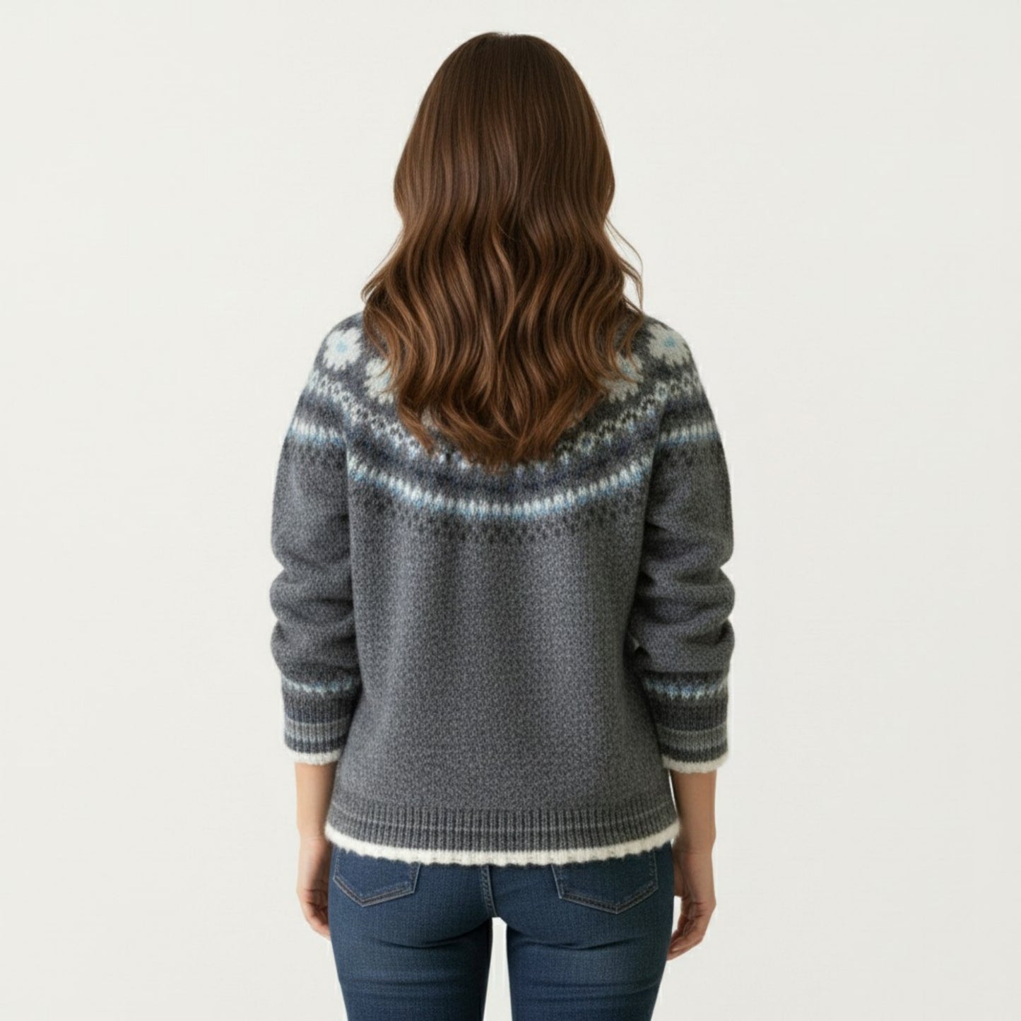 Button Front Knit Cardigan with Crew Neckline and Nordic Inspired Pattern Detail