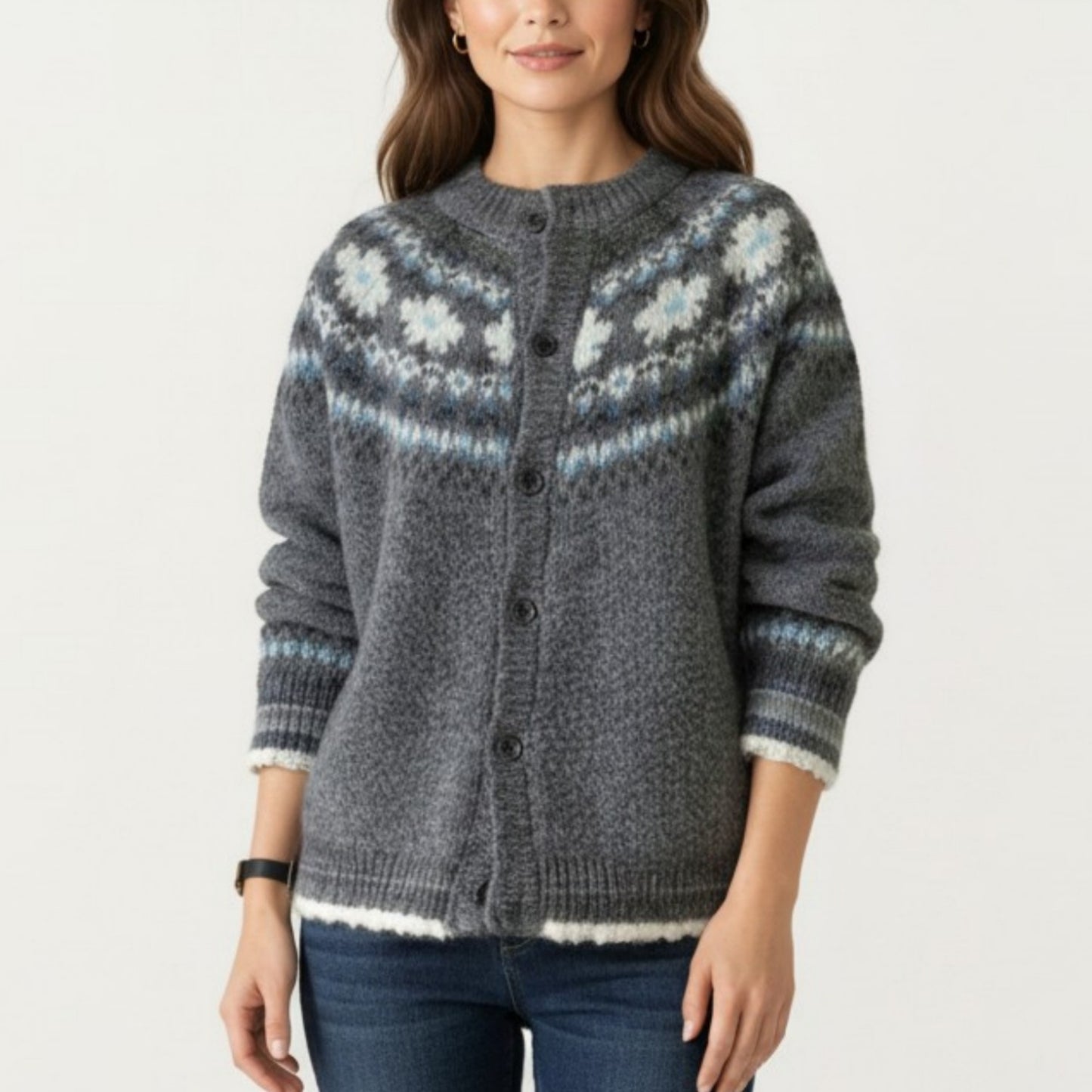 Button Front Knit Cardigan with Crew Neckline and Nordic Inspired Pattern Detail