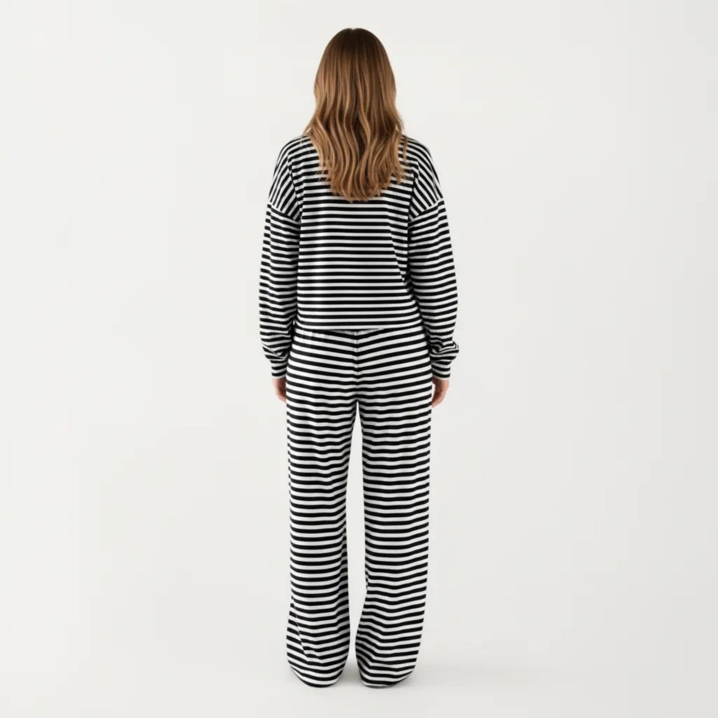 2-Piece Set Long Sleeve Striped Pajama Top and Relaxed Fit Lounge Pants with Soft Stretch Fabric