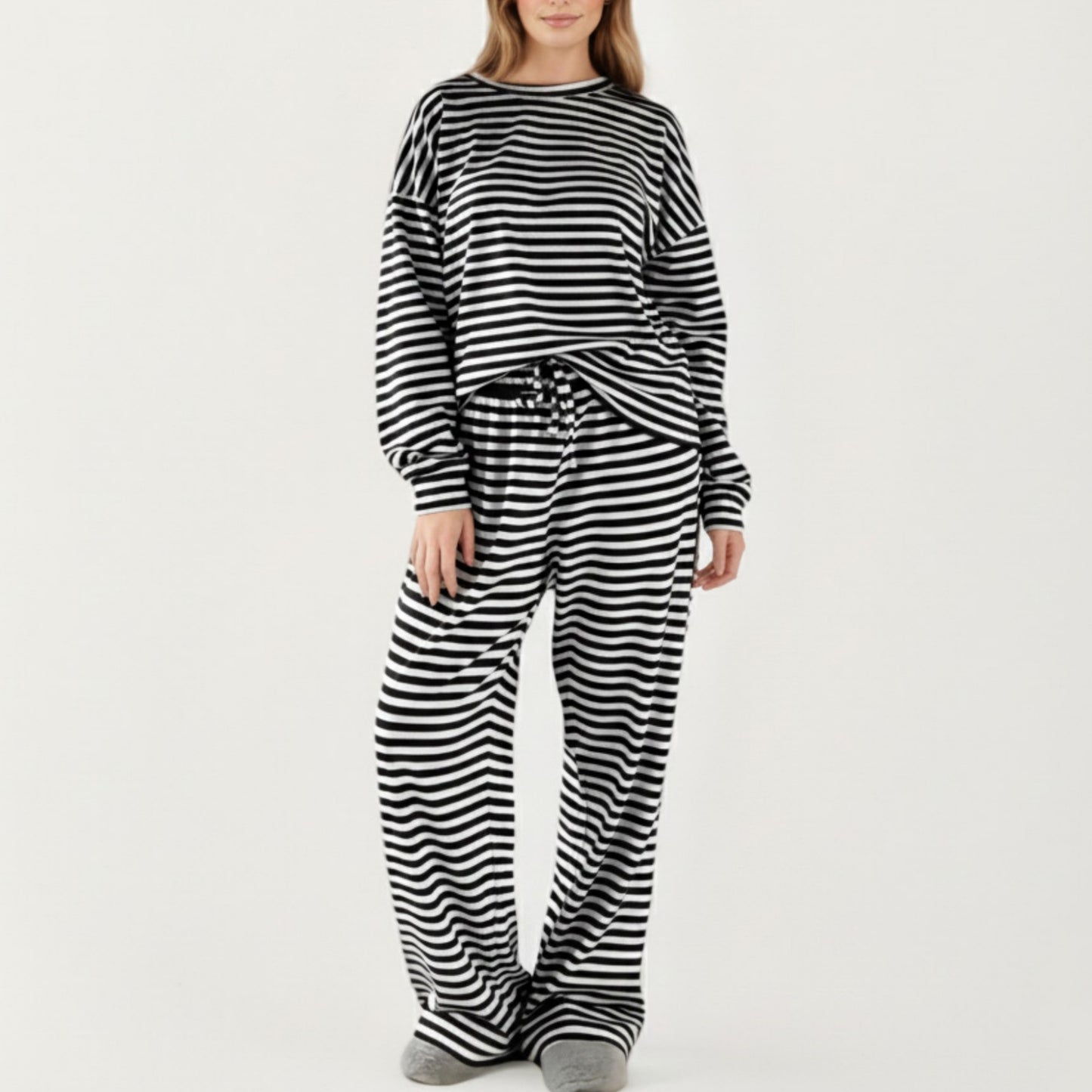 2-Piece Set Long Sleeve Striped Pajama Top and Relaxed Fit Lounge Pants with Soft Stretch Fabric