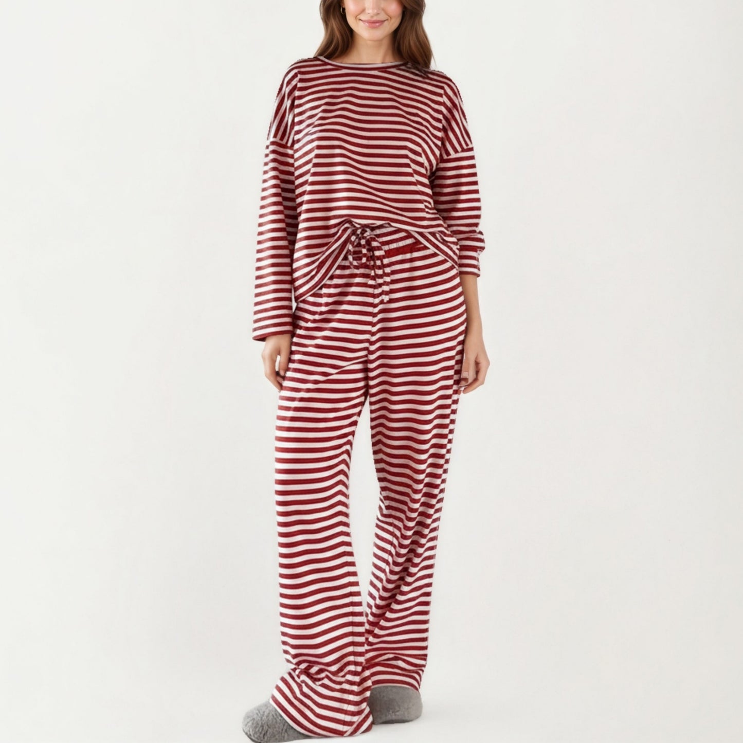 2-Piece Set Long Sleeve Striped Pajama Top and Relaxed Fit Lounge Pants with Soft Stretch Fabric