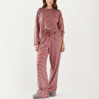 2-Piece Set Long Sleeve Striped Pajama Top and Relaxed Fit Lounge Pants with Soft Stretch Fabric