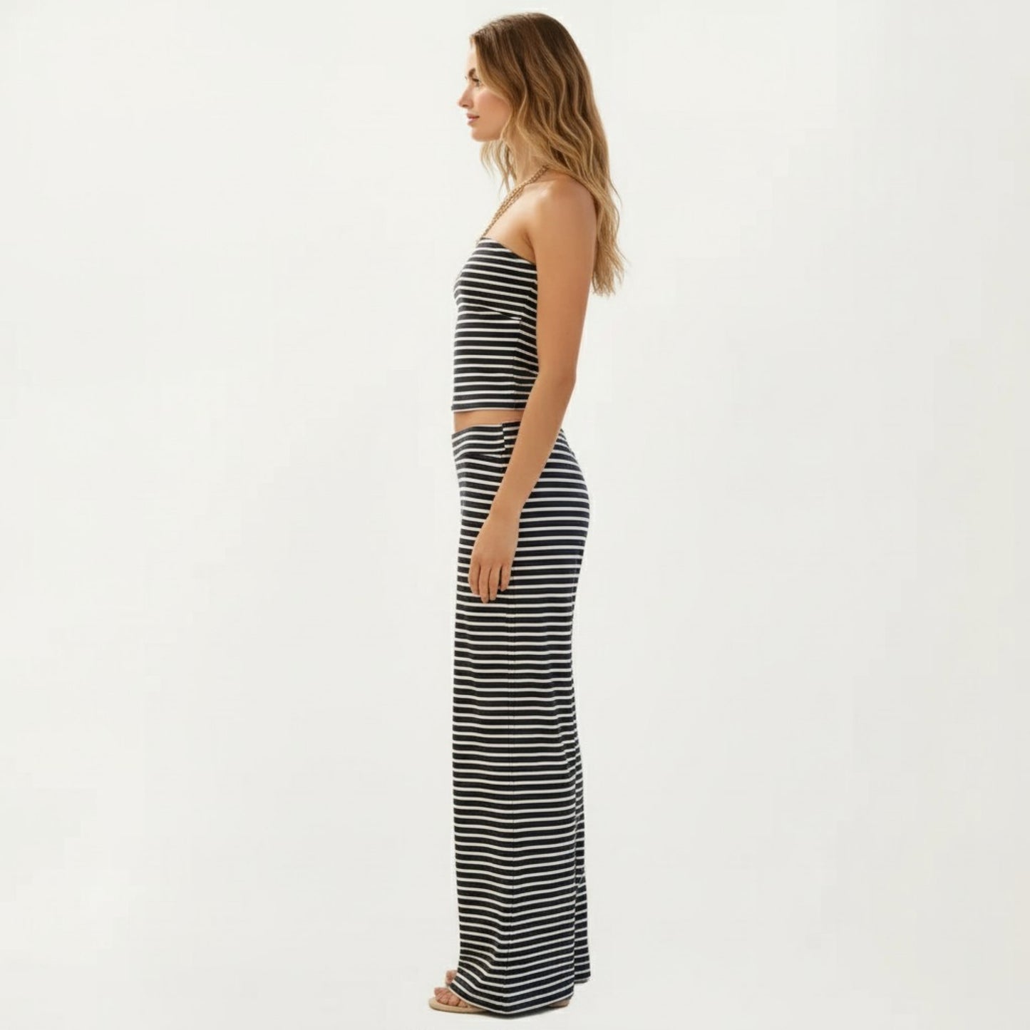 2-Piece Set Strapless Tube Top and Wide Leg Pants with Stretch Fit and Horizontal Stripe Pattern