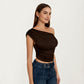 One Shoulder Ruched Top with Asymmetrical Neckline and Soft Stretch Fabric