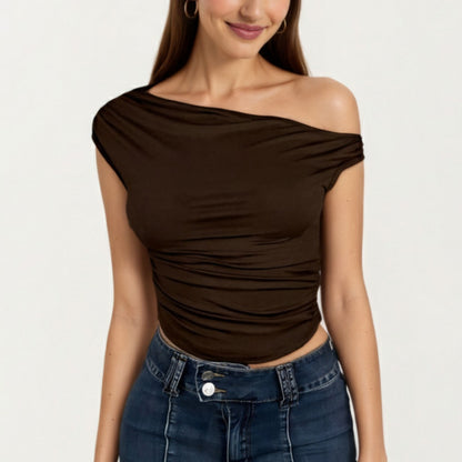 One Shoulder Ruched Top with Asymmetrical Neckline and Soft Stretch Fabric