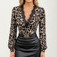 Leopard Print Long Sleeve Top with Lace Trim Deep V Neck
