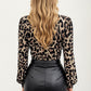 Leopard Print Long Sleeve Top with Lace Trim Deep V Neck