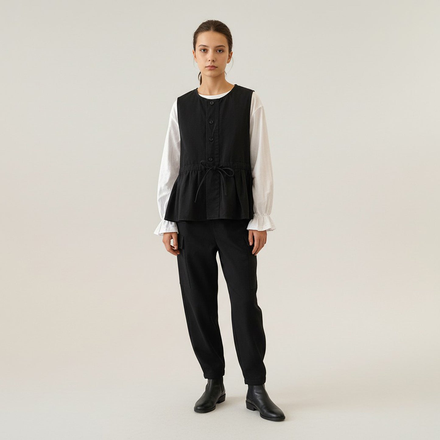 Sleeveless Button Front Vest with Adjustable Waist Tie