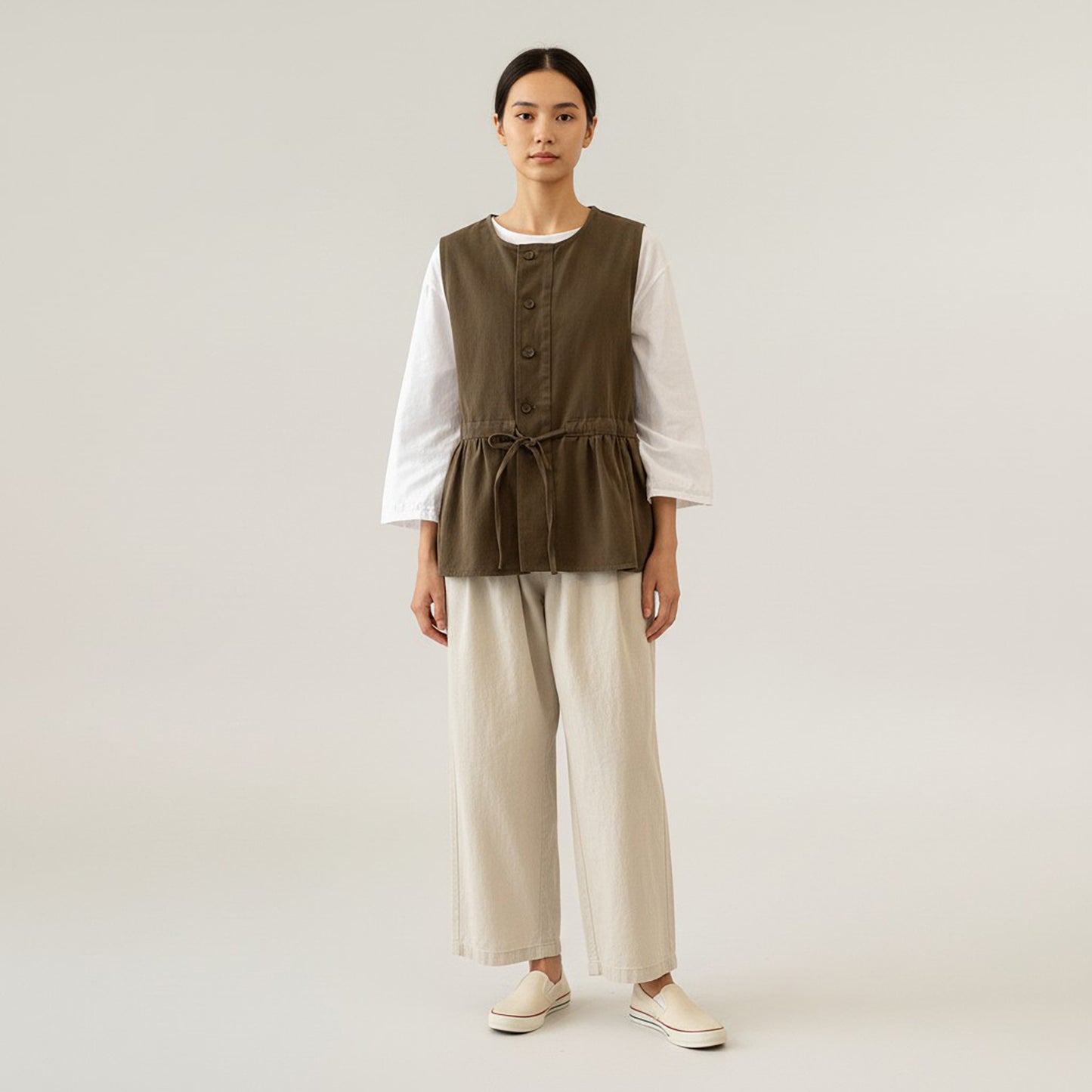 Sleeveless Button Front Vest with Adjustable Waist Tie