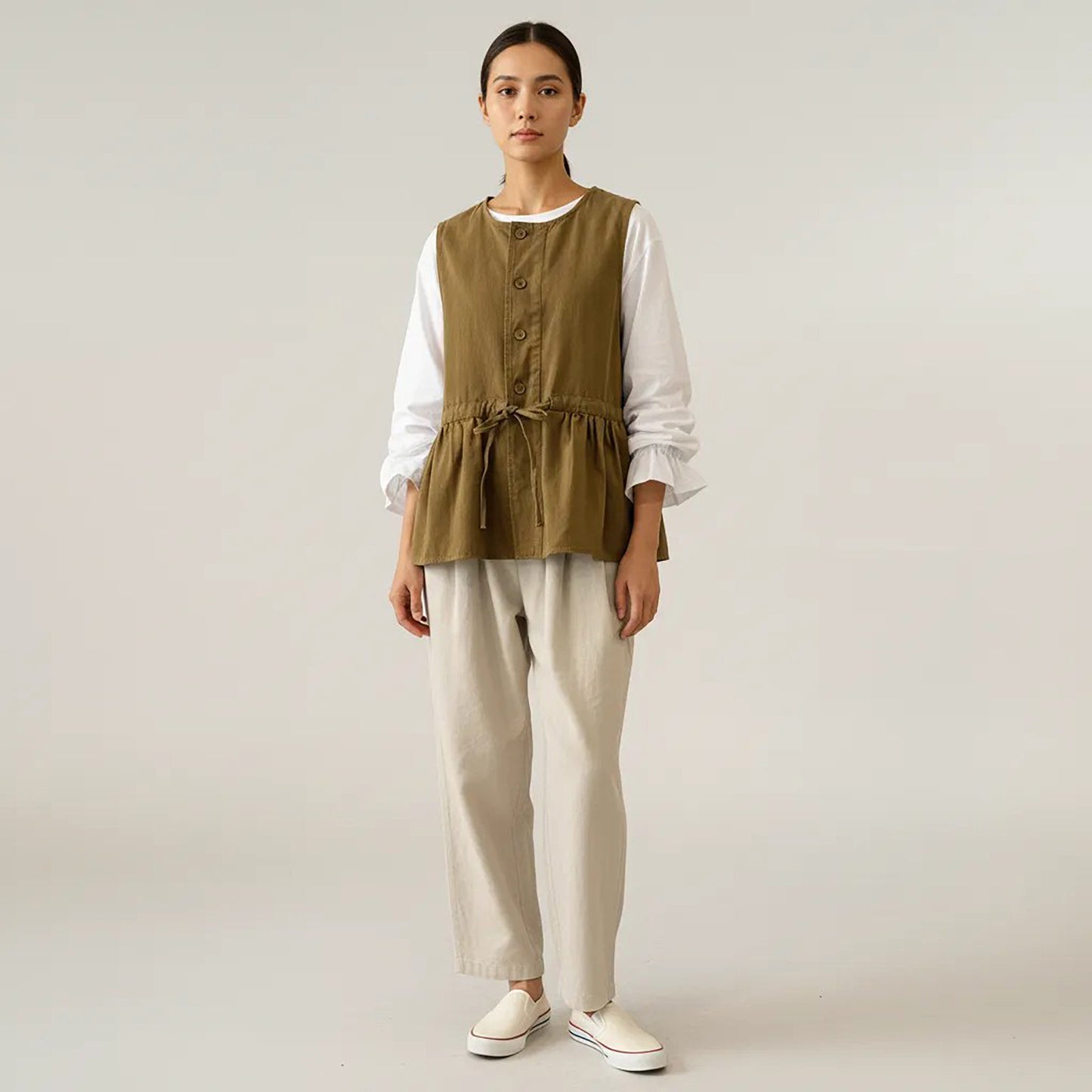 Sleeveless Button Front Vest with Adjustable Waist Tie