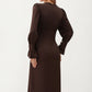 Long Sleeve V Neck Midi Dress with Button Detail and Flared Cuffs