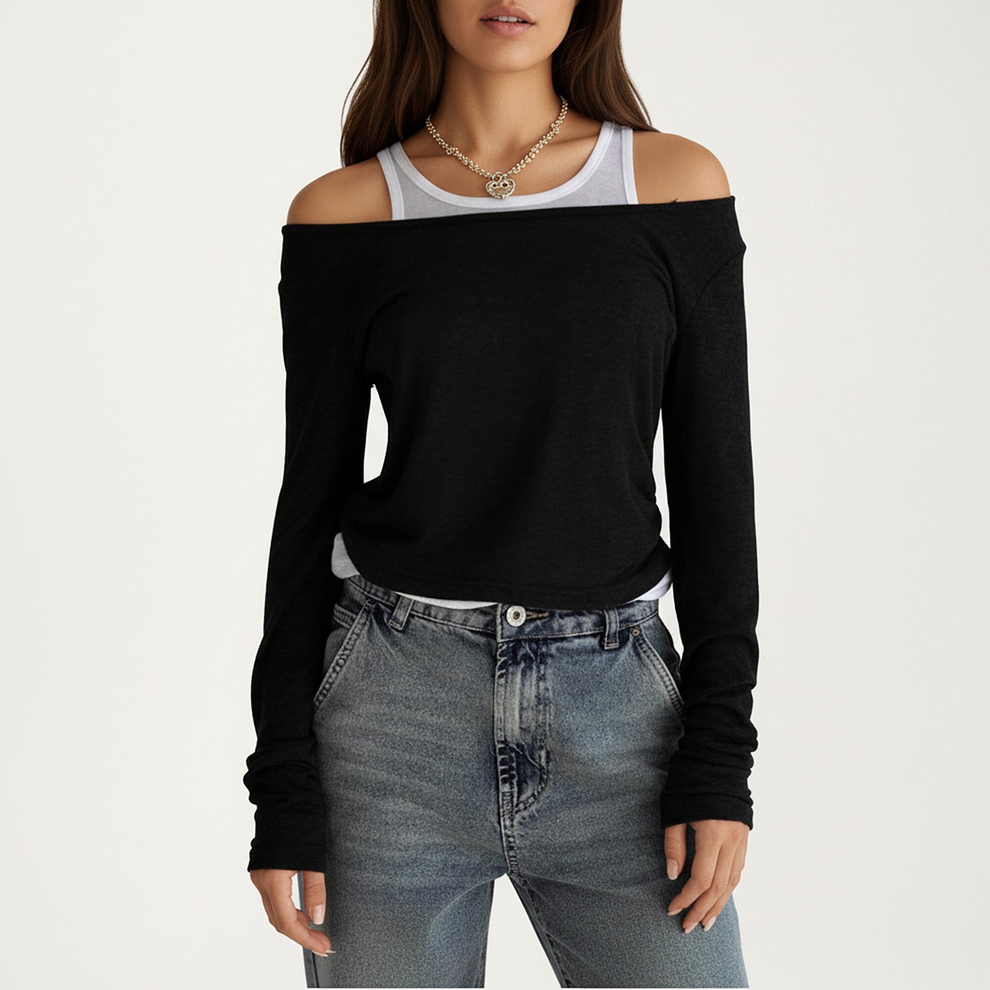 Off Shoulder Long Sleeve Layered Knit Top with Relaxed Fit