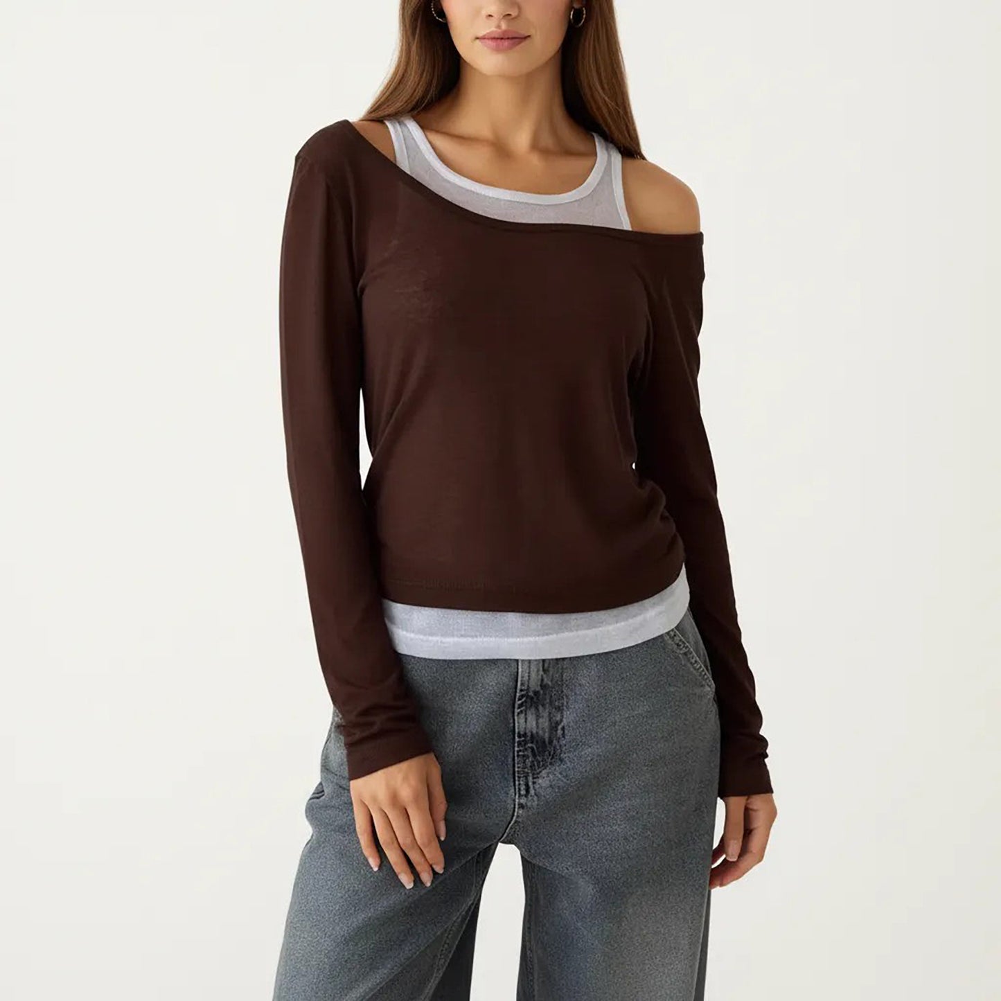 Off Shoulder Long Sleeve Layered Knit Top with Relaxed Fit