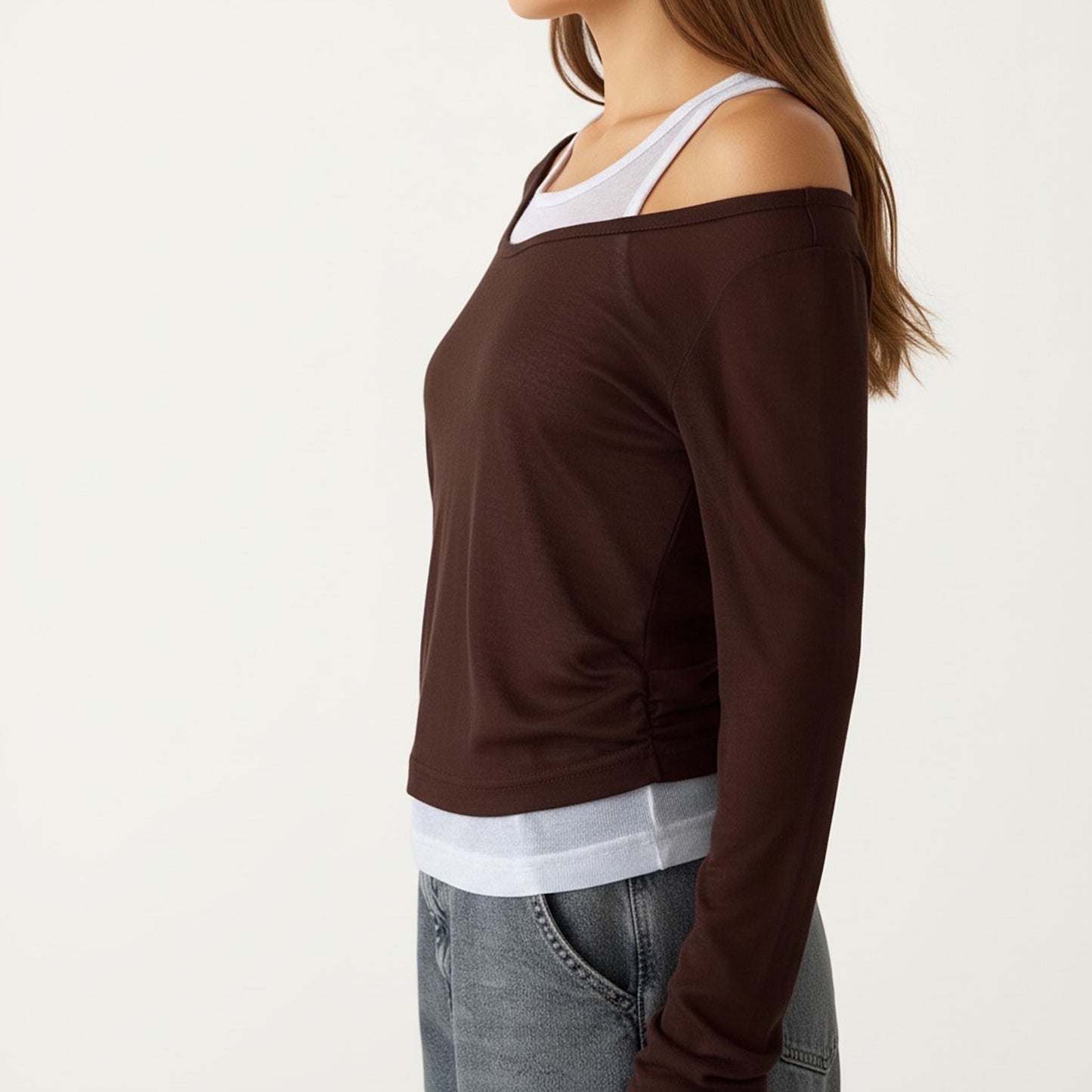 Off Shoulder Long Sleeve Layered Knit Top with Relaxed Fit