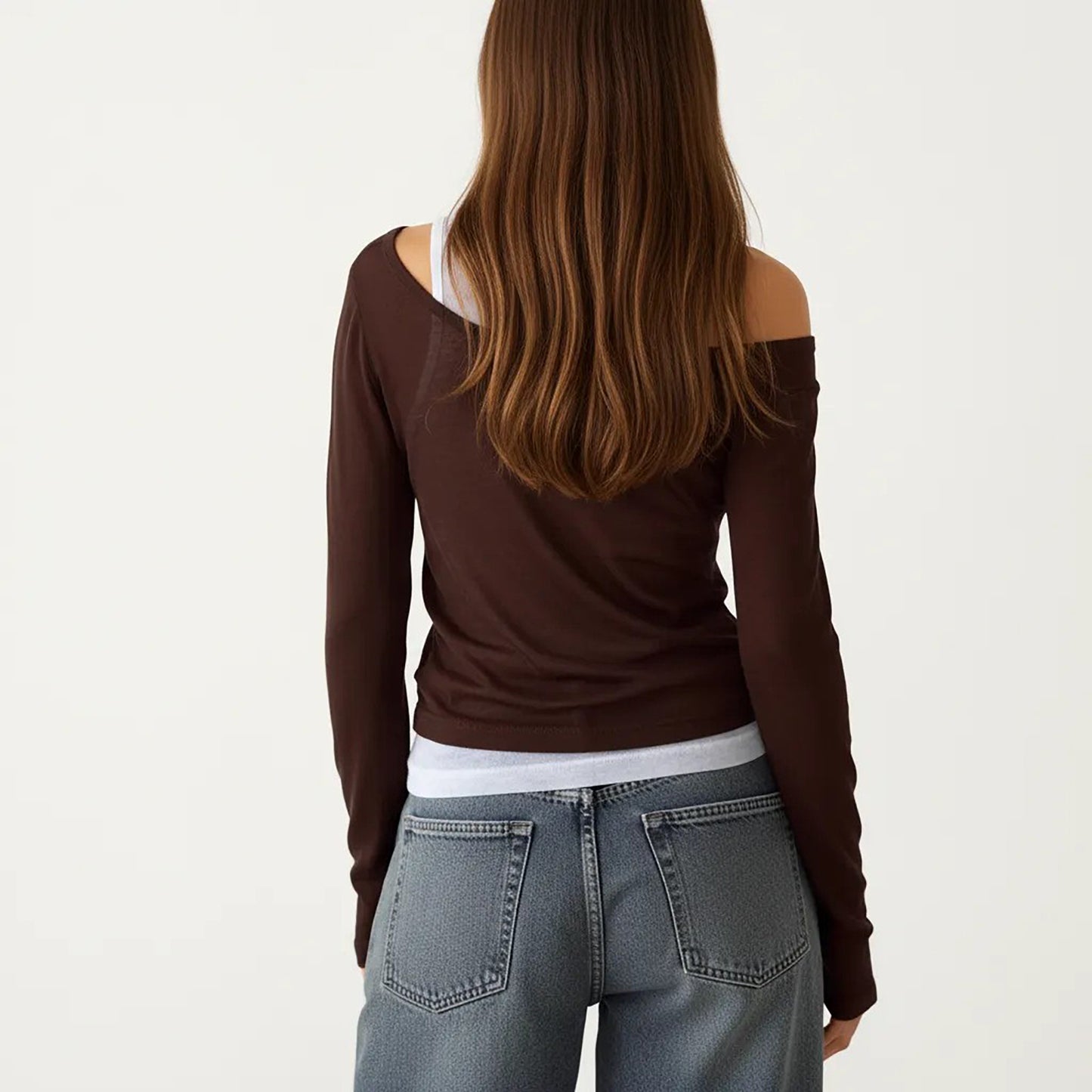 Off Shoulder Long Sleeve Layered Knit Top with Relaxed Fit