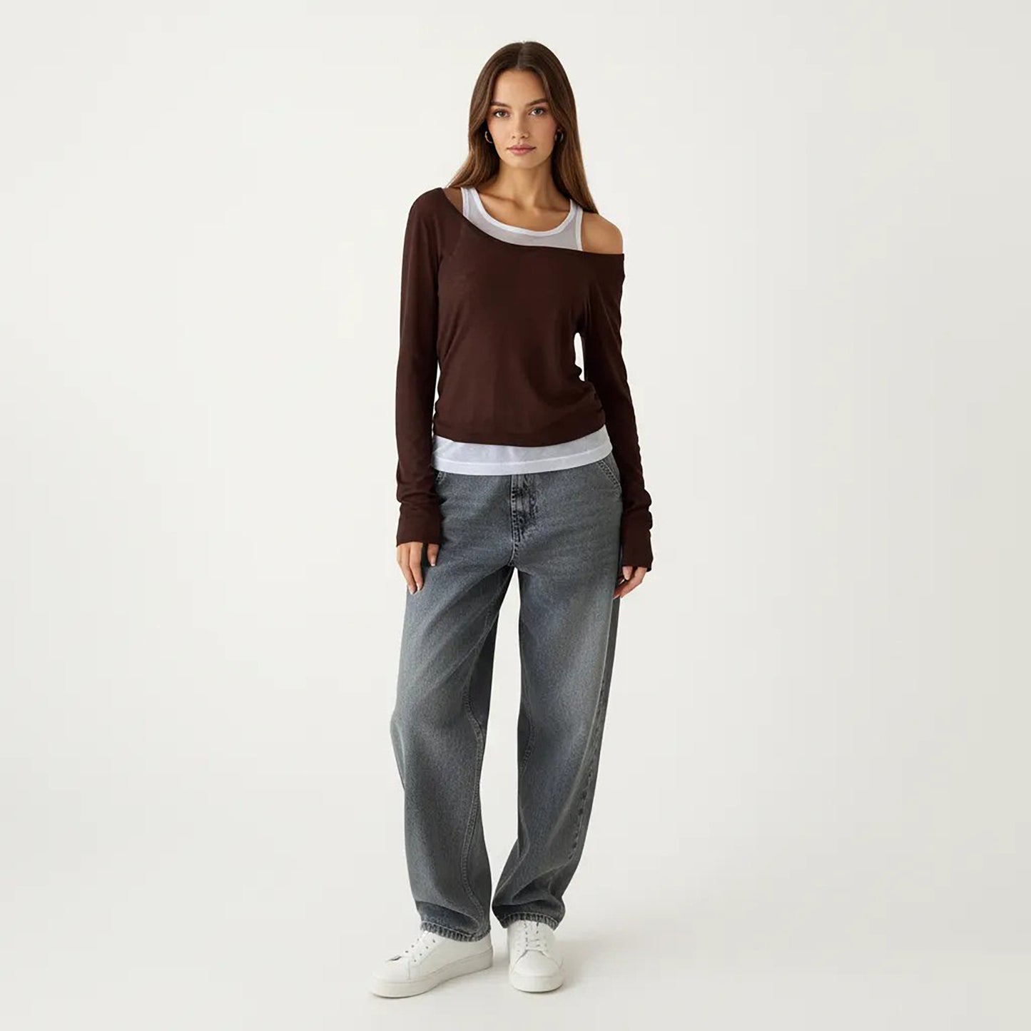 Off Shoulder Long Sleeve Layered Knit Top with Relaxed Fit