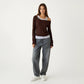 Off Shoulder Long Sleeve Layered Knit Top with Relaxed Fit