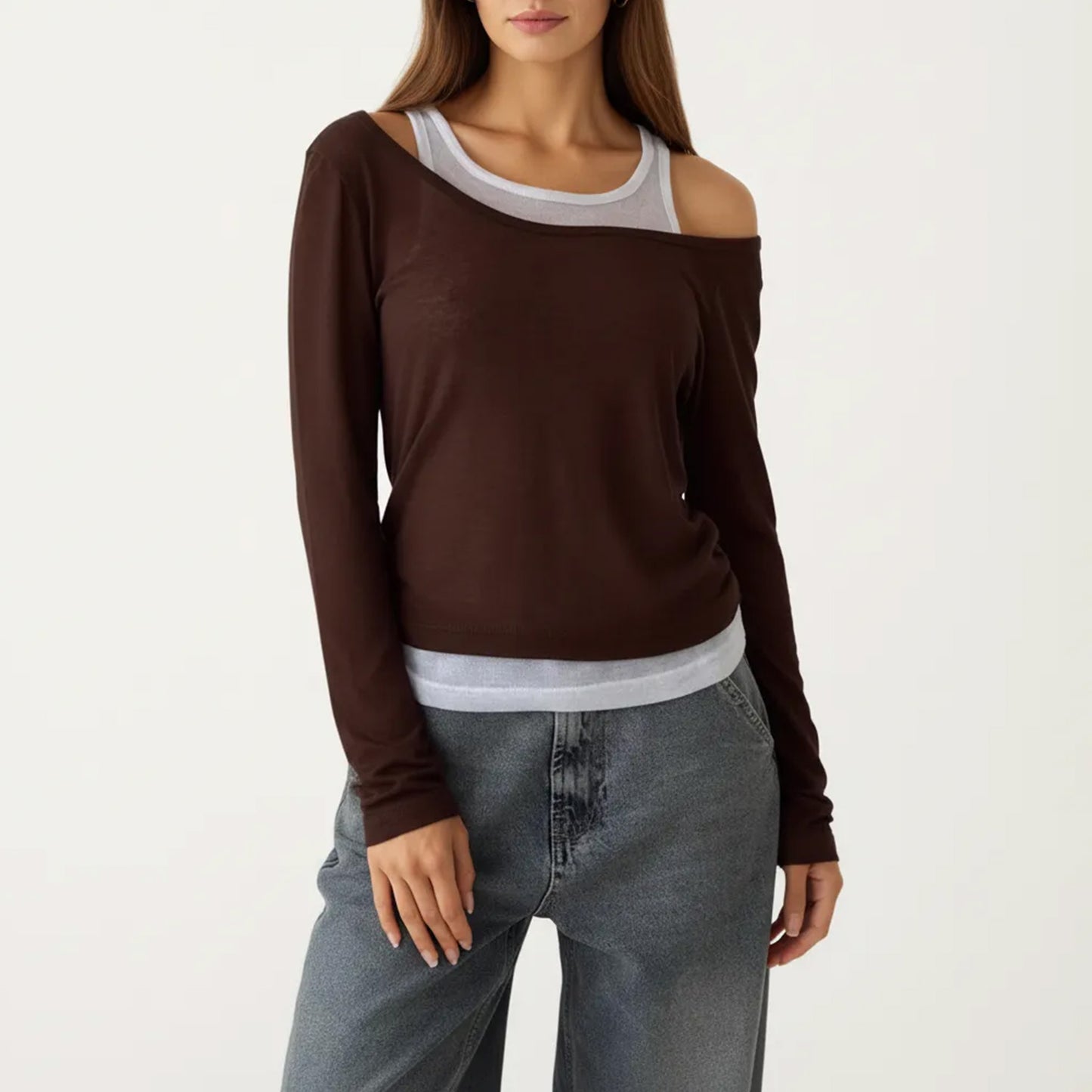 Off Shoulder Long Sleeve Layered Knit Top with Relaxed Fit
