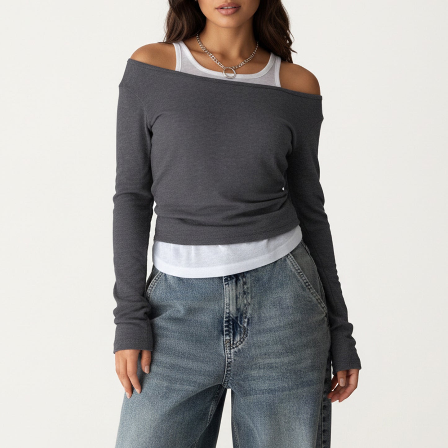 Off Shoulder Long Sleeve Layered Knit Top with Relaxed Fit