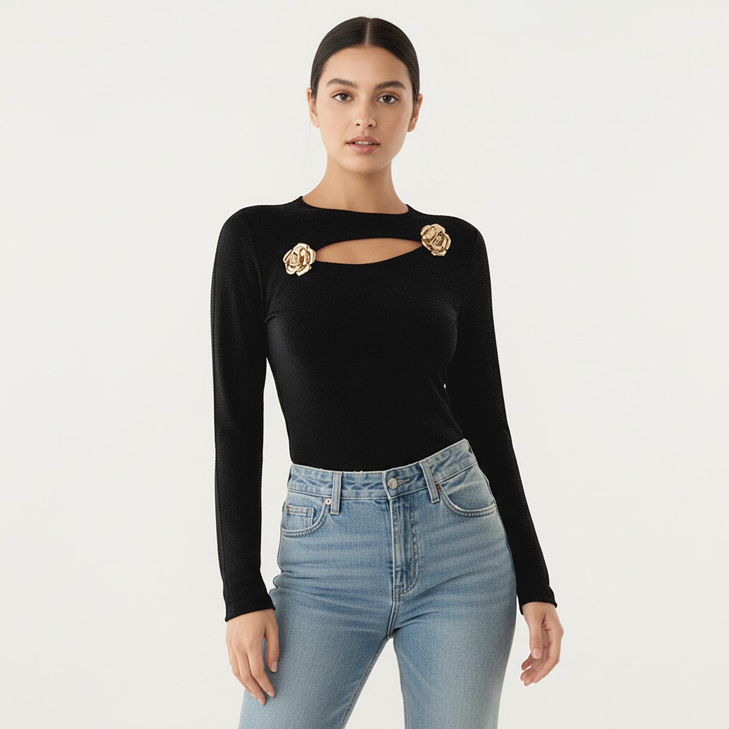 Long Sleeve Cutout Knit Top with Decorative Rose Accent