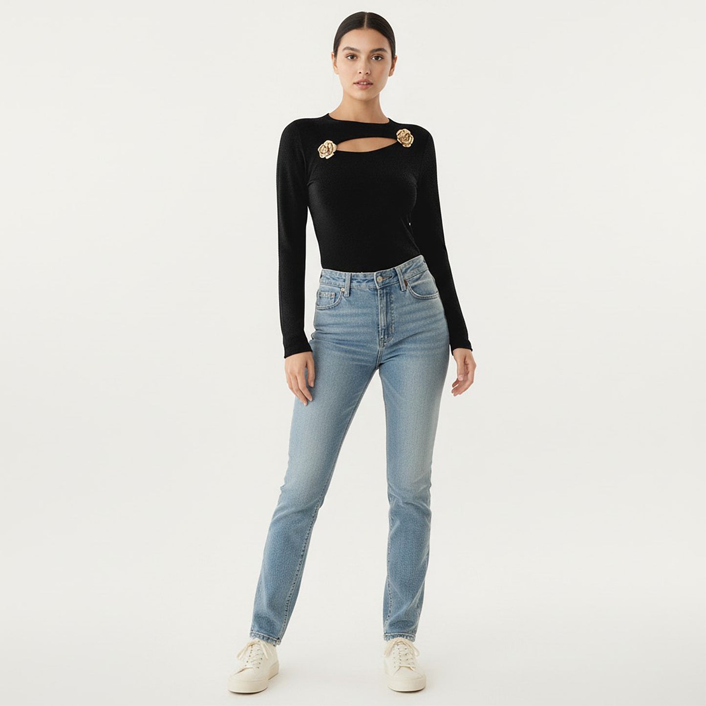 Long Sleeve Cutout Knit Top with Decorative Rose Accent