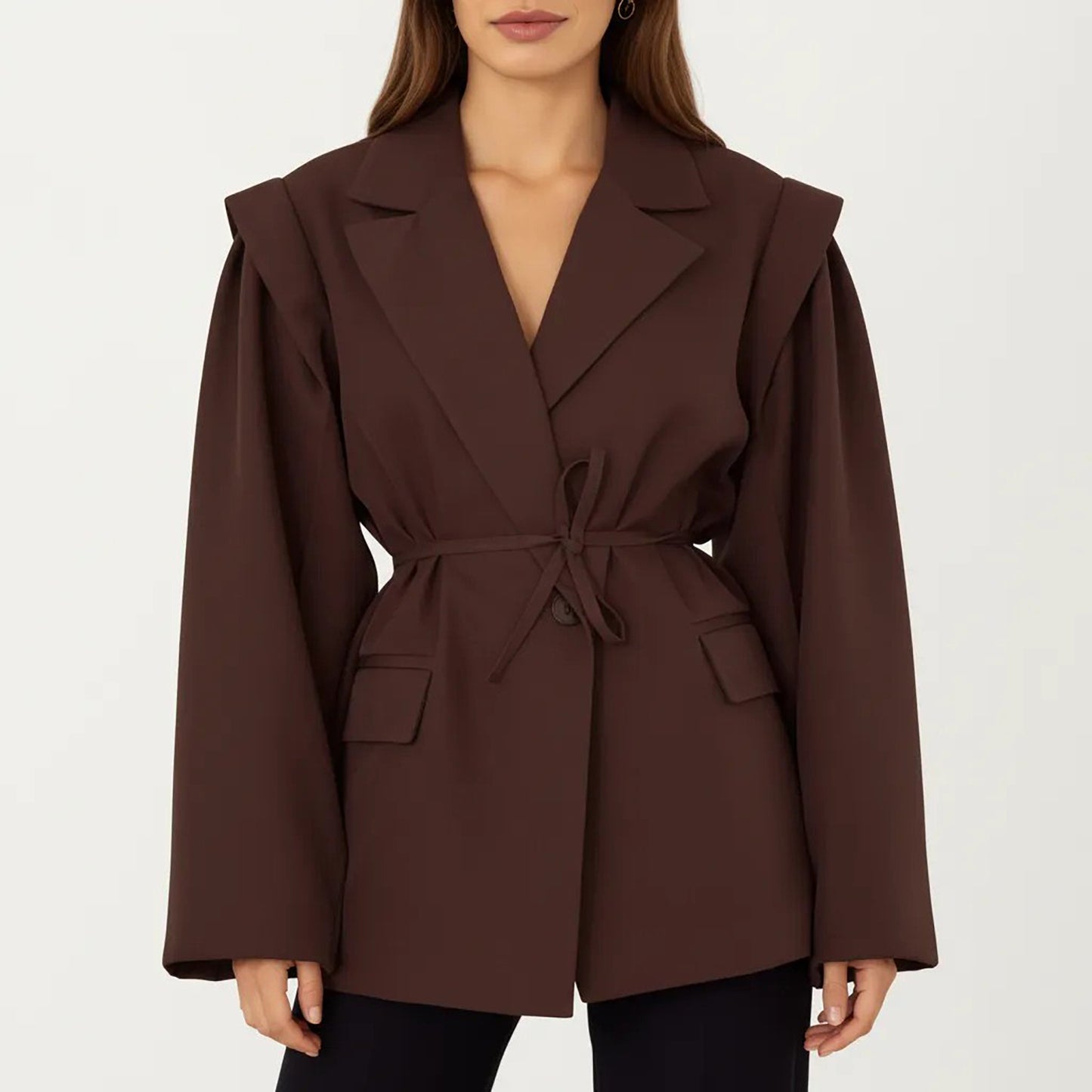 Long Sleeve Tailored Blazer with Tie Waist and Structured Lapel