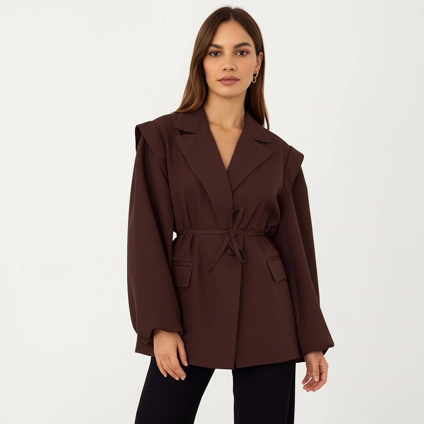 Long Sleeve Tailored Blazer with Tie Waist and Structured Lapel