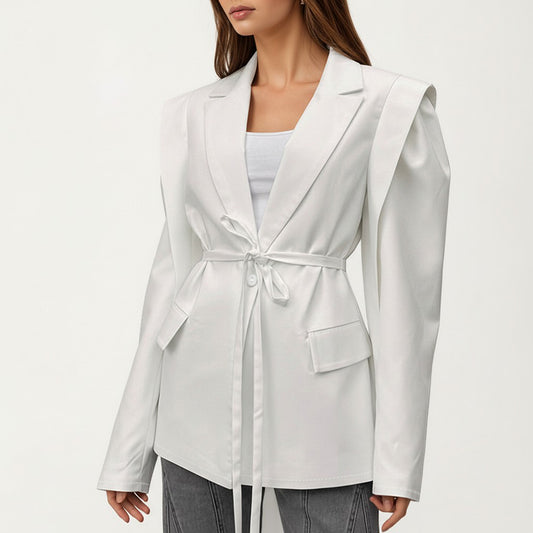 Long Sleeve Tailored Blazer with Tie Waist and Structured Lapel