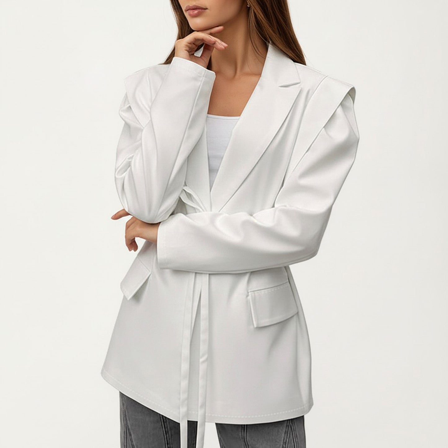 Long Sleeve Tailored Blazer with Tie Waist and Structured Lapel