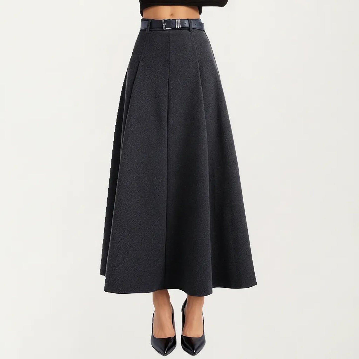 High Waist A-Line Maxi Skirt with Belted Waist and Structured Panels