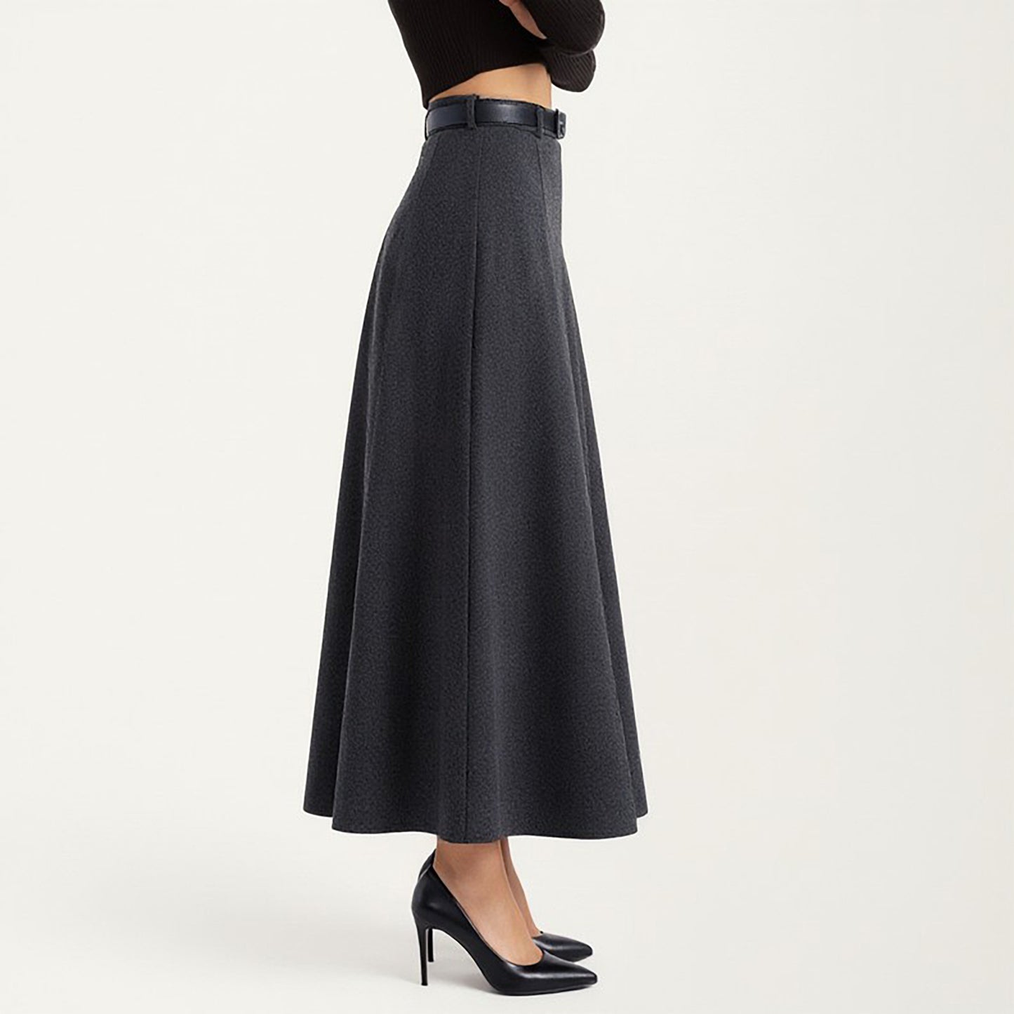 High Waist A-Line Maxi Skirt with Belted Waist and Structured Panels