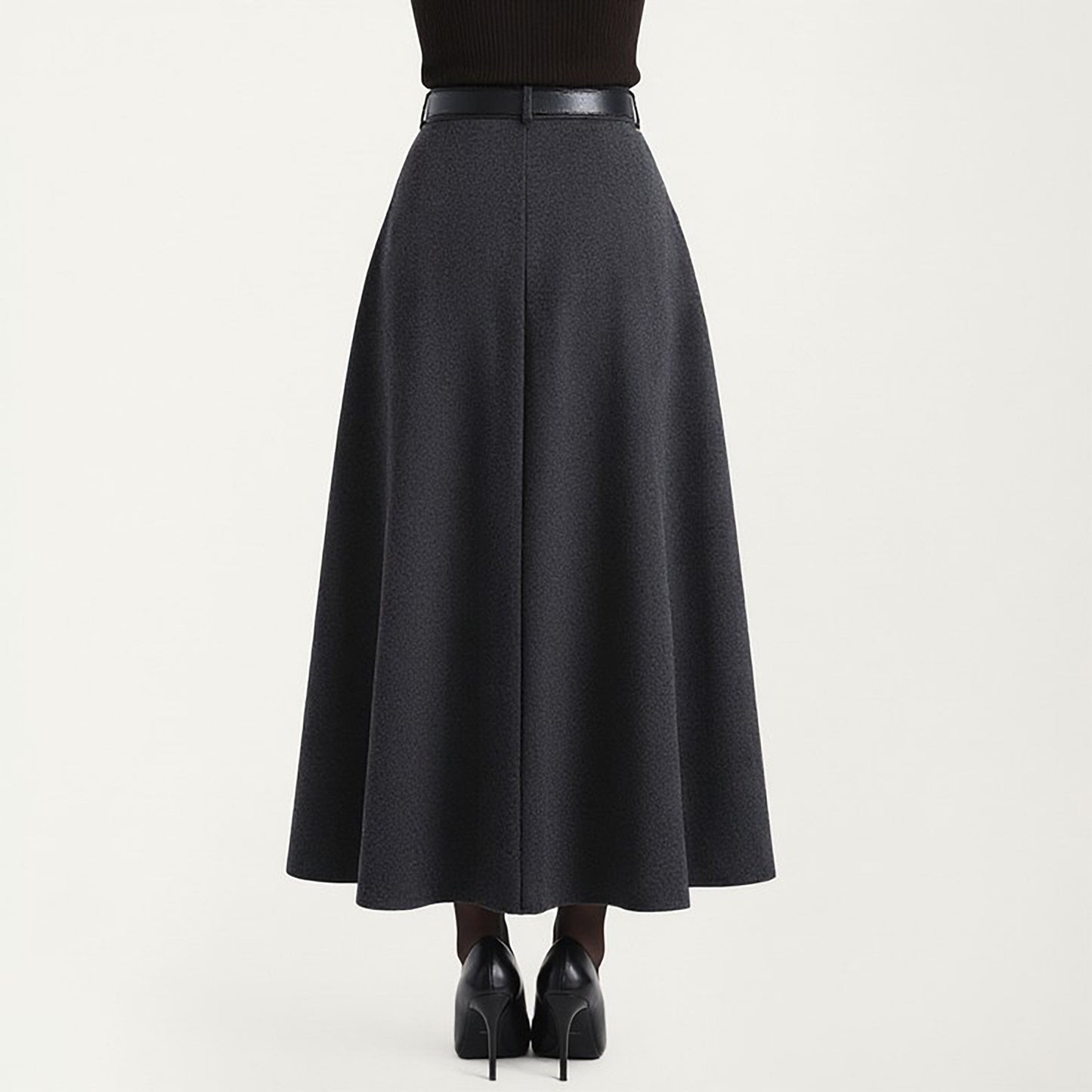 High Waist A-Line Maxi Skirt with Belted Waist and Structured Panels