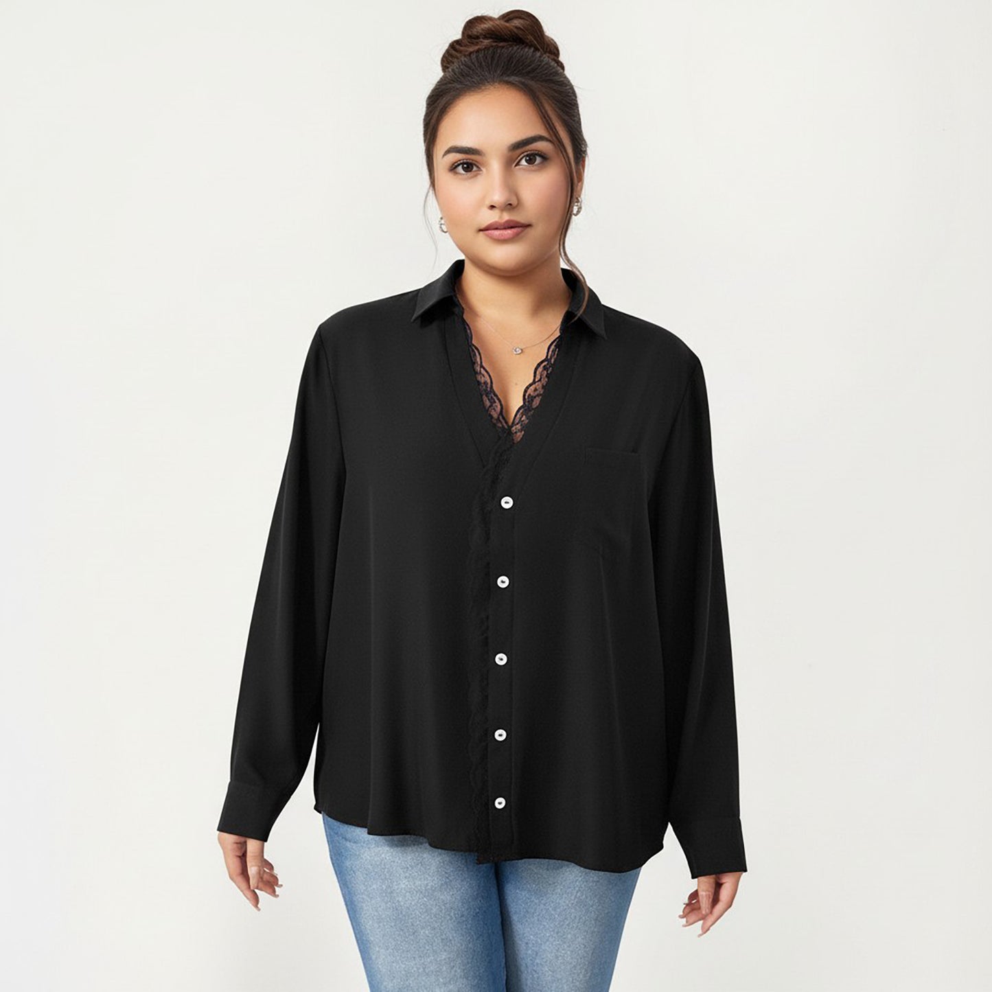 Plus Size Long Sleeve Blouse with Lace Trim Detail Relaxed Fit Soft Draped Fabric