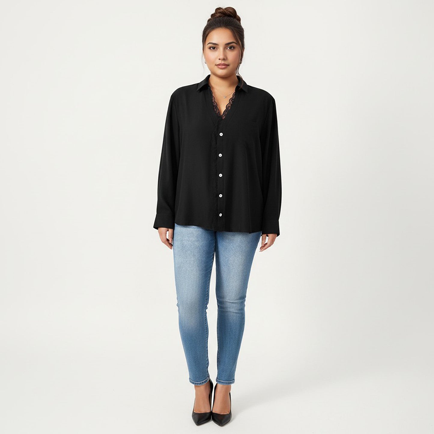 Plus Size Long Sleeve Blouse with Lace Trim Detail Relaxed Fit Soft Draped Fabric