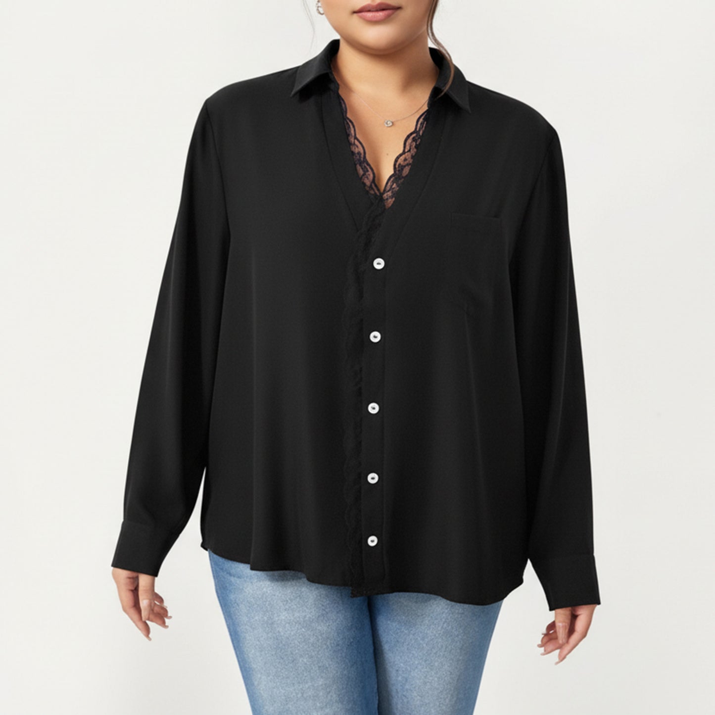 Plus Size Long Sleeve Blouse with Lace Trim Detail Relaxed Fit Soft Draped Fabric