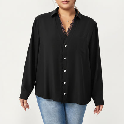 Plus Size Long Sleeve Blouse with Lace Trim Detail Relaxed Fit Soft Draped Fabric